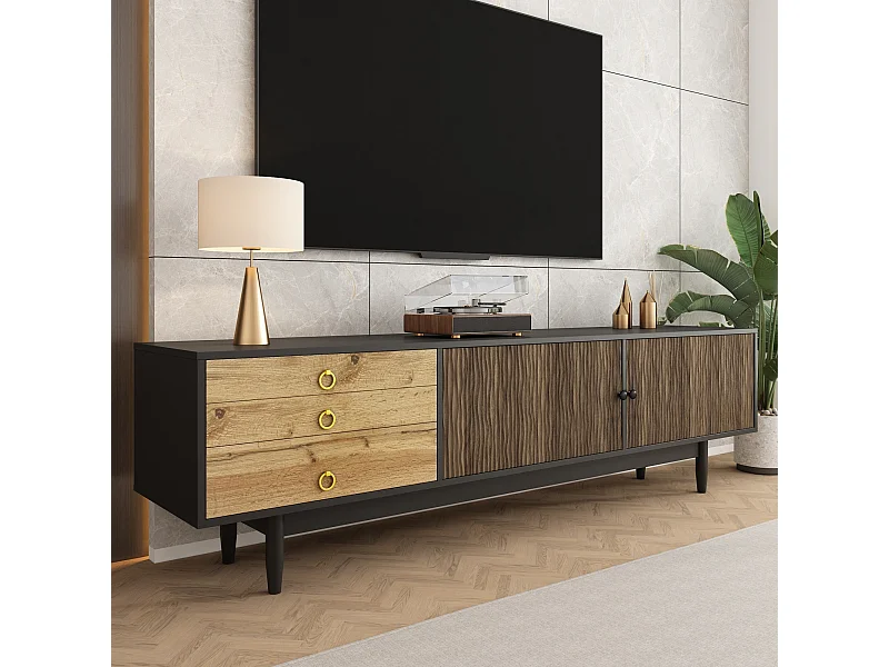 Meuble TV noir et bois - Meuble TV avec 2 portes et 3 tiroirs - poignées à anneaux dorés et motif ondulé