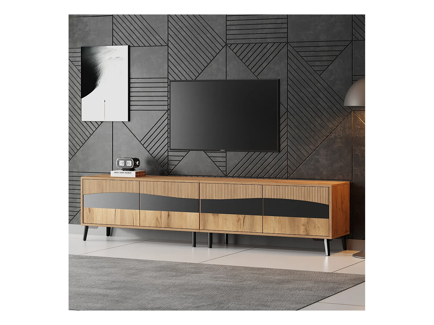 Mobile porta TV in legno e nero - Mobile porta TV con 4 ante e 8 gambe - Adatto a TV fino a 75 pollici