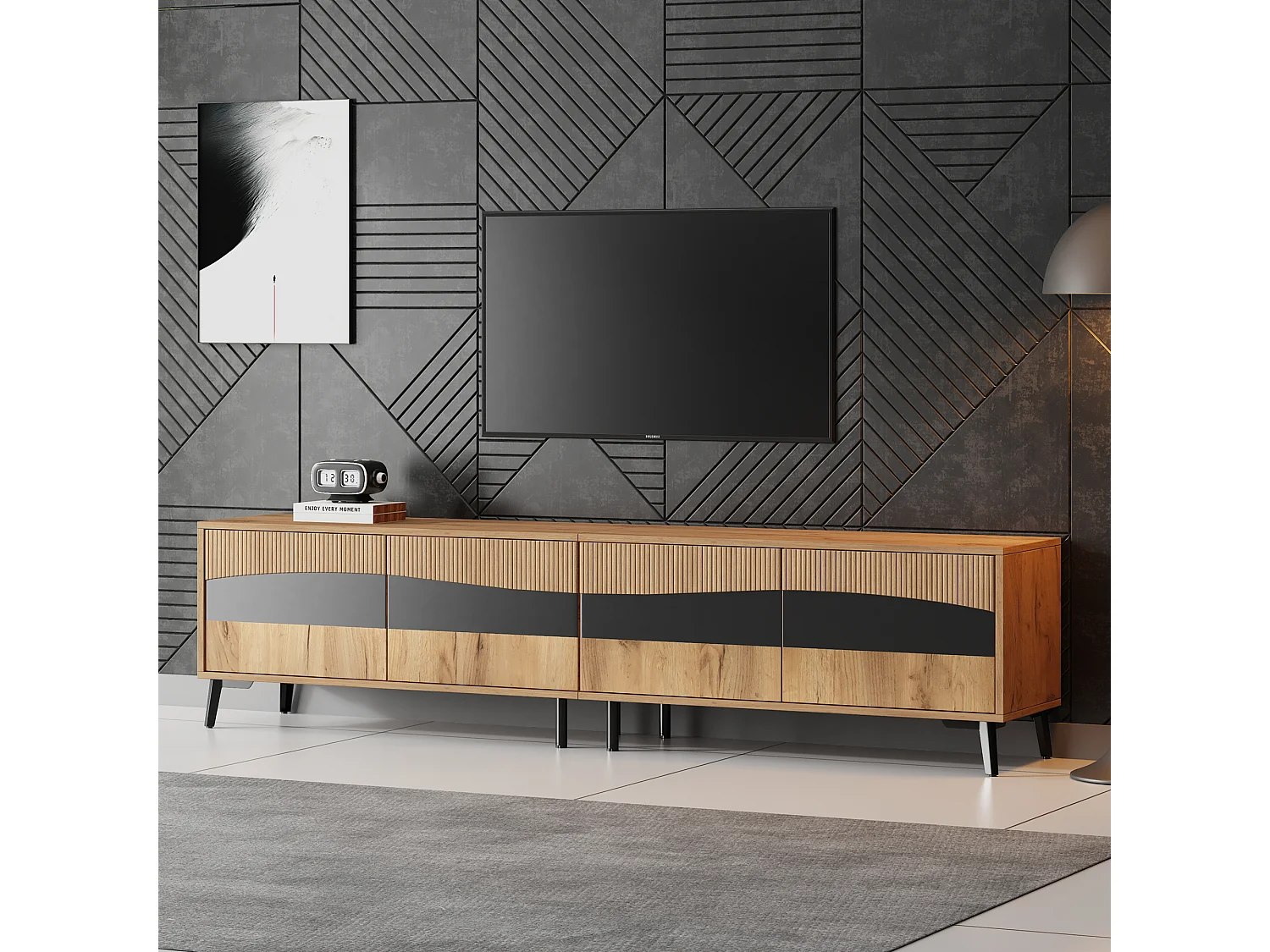 TV-Ständer aus Holz und Schwarz – Fernsehschrank mit 4 Türen und 8 Beinen – Passend für Fernseher bis zu 75 Zoll