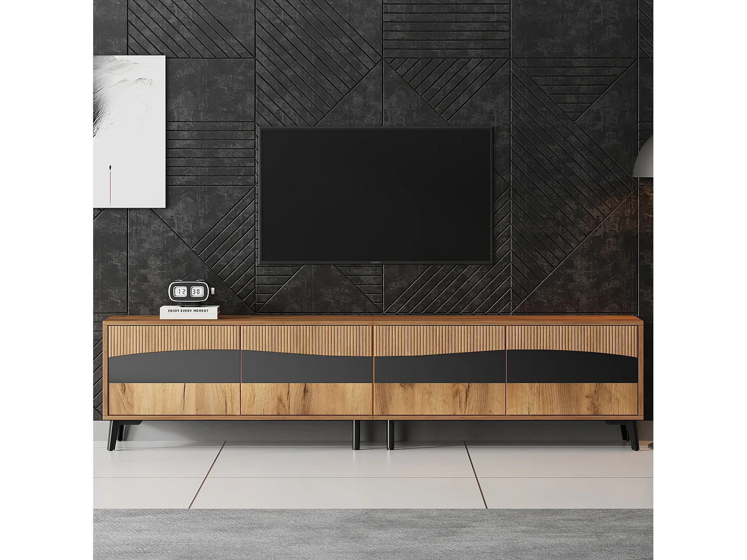 TV-Ständer aus Holz und Schwarz – Fernsehschrank mit 4 Türen und 8 Beinen – Passend für Fernseher bis zu 75 Zoll