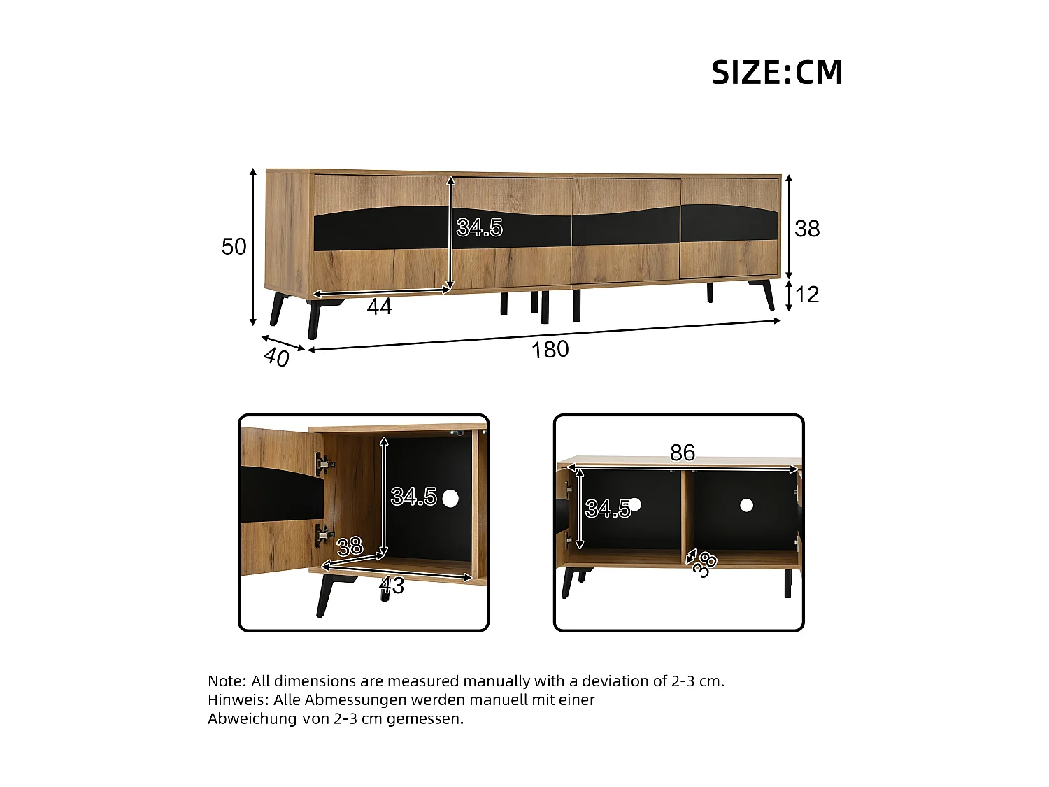 TV-Ständer aus Holz und Schwarz – Fernsehschrank mit 4 Türen und 8 Beinen – Passend für Fernseher bis zu 75 Zoll