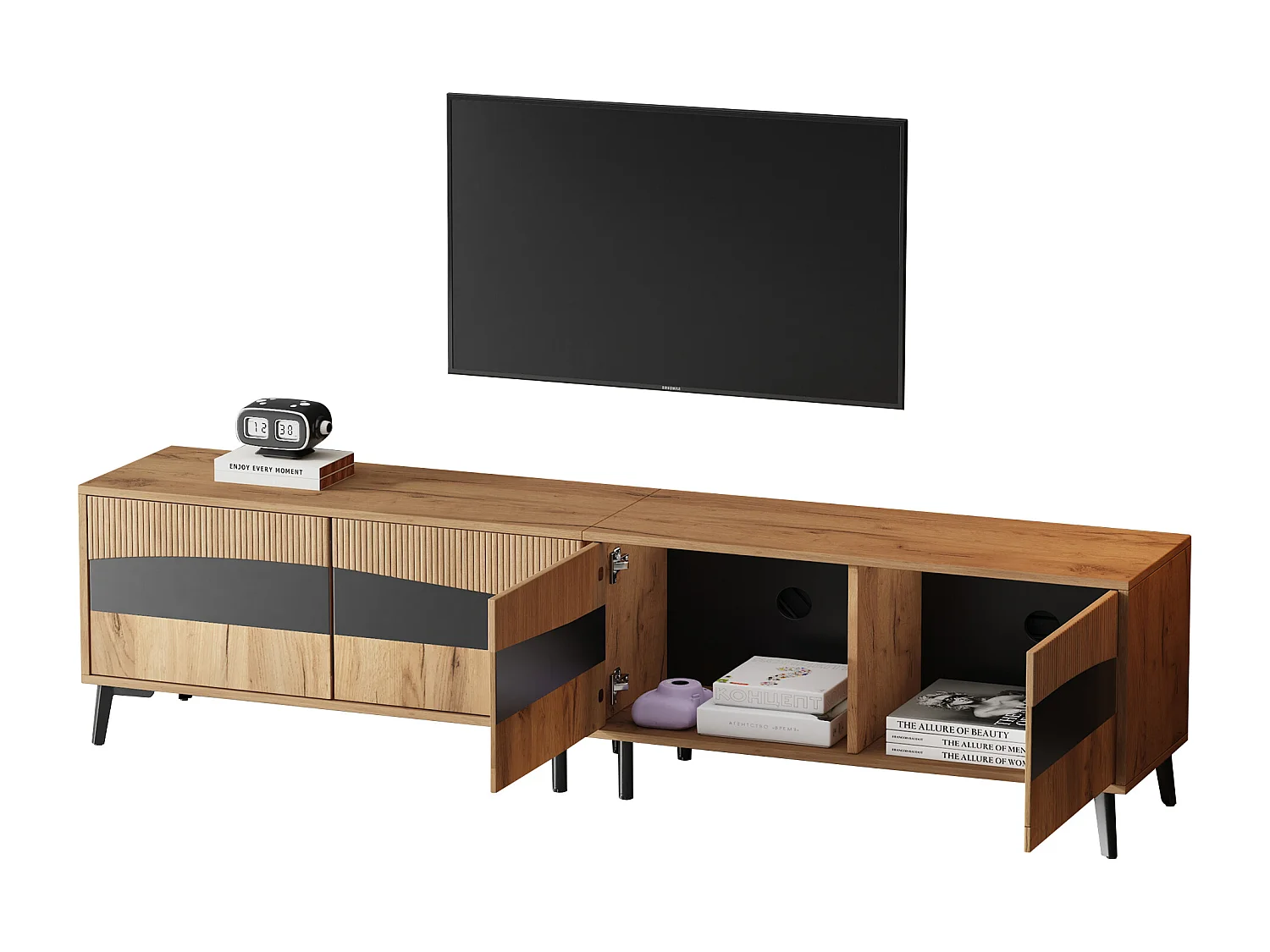 TV-Ständer aus Holz und Schwarz – Fernsehschrank mit 4 Türen und 8 Beinen – Passend für Fernseher bis zu 75 Zoll