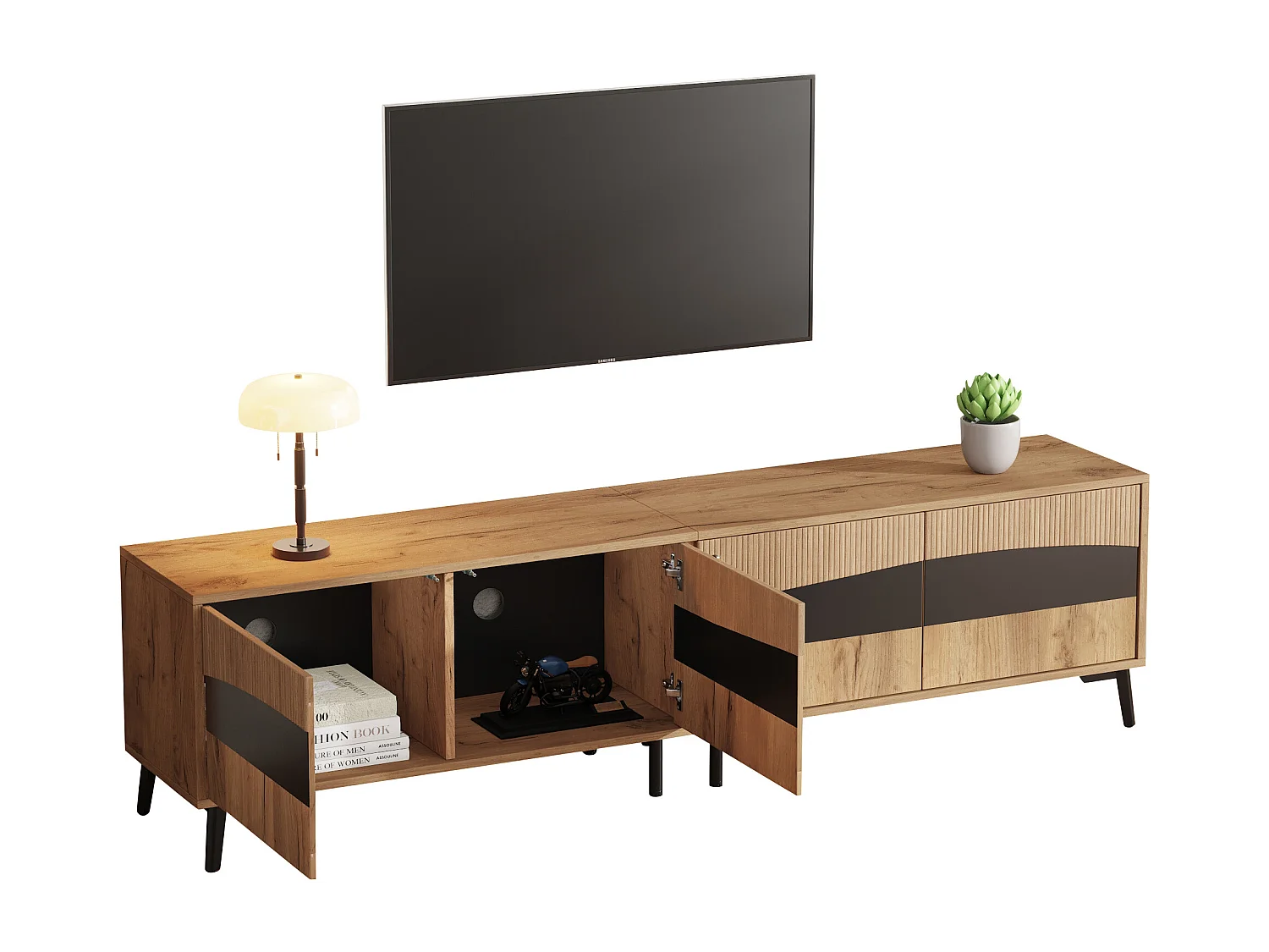 TV-Ständer aus Holz und Schwarz – Fernsehschrank mit 4 Türen und 8 Beinen – Passend für Fernseher bis zu 75 Zoll