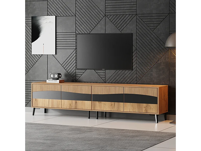 TV-Ständer aus Holz und Schwarz – Fernsehschrank mit 4 Türen und 8 Beinen – Passend für Fernseher bis zu 75 Zoll