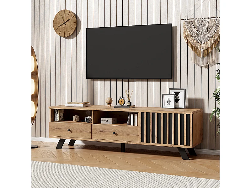 TV-Schrank aus Holz – TV-Schrank mit 2 Schubladen und 1 Tür – offene Aufbewahrung