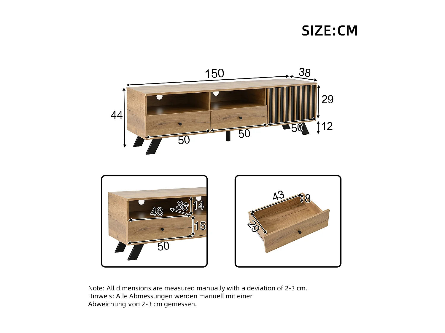 TV-Schrank aus Holz – TV-Schrank mit 2 Schubladen und 1 Tür – offene Aufbewahrung