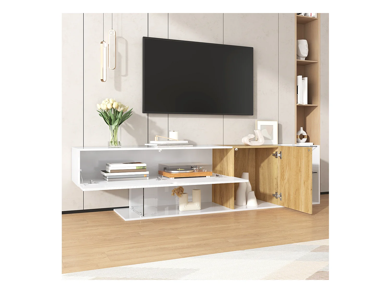 Meuble TV blanc brillant - Meuble TV avec 2 portes et 3 compartiments de rangement ouverts - etagères en verre