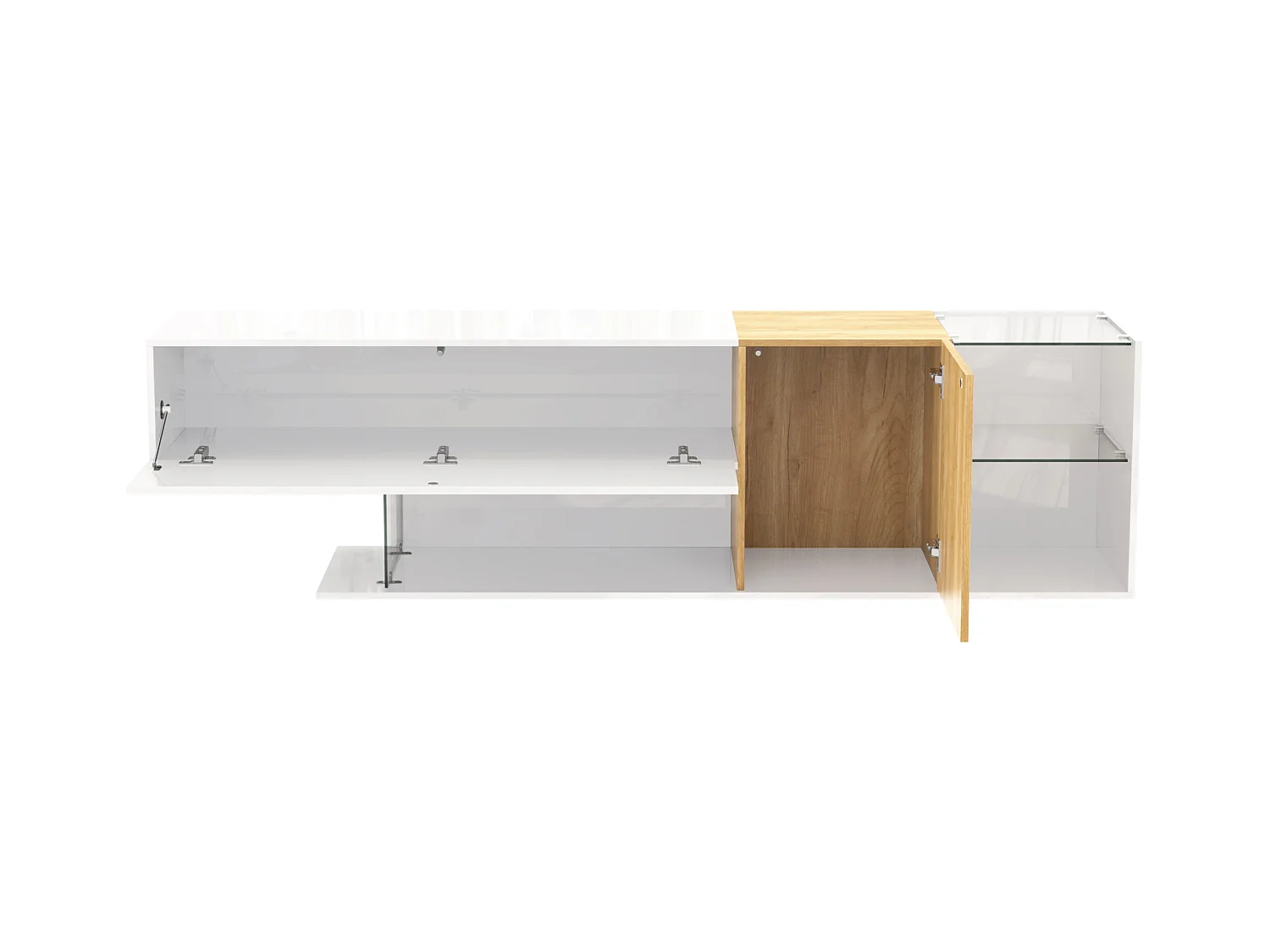 Meuble TV blanc brillant - Meuble TV avec 2 portes et 3 compartiments de rangement ouverts - etagères en verre