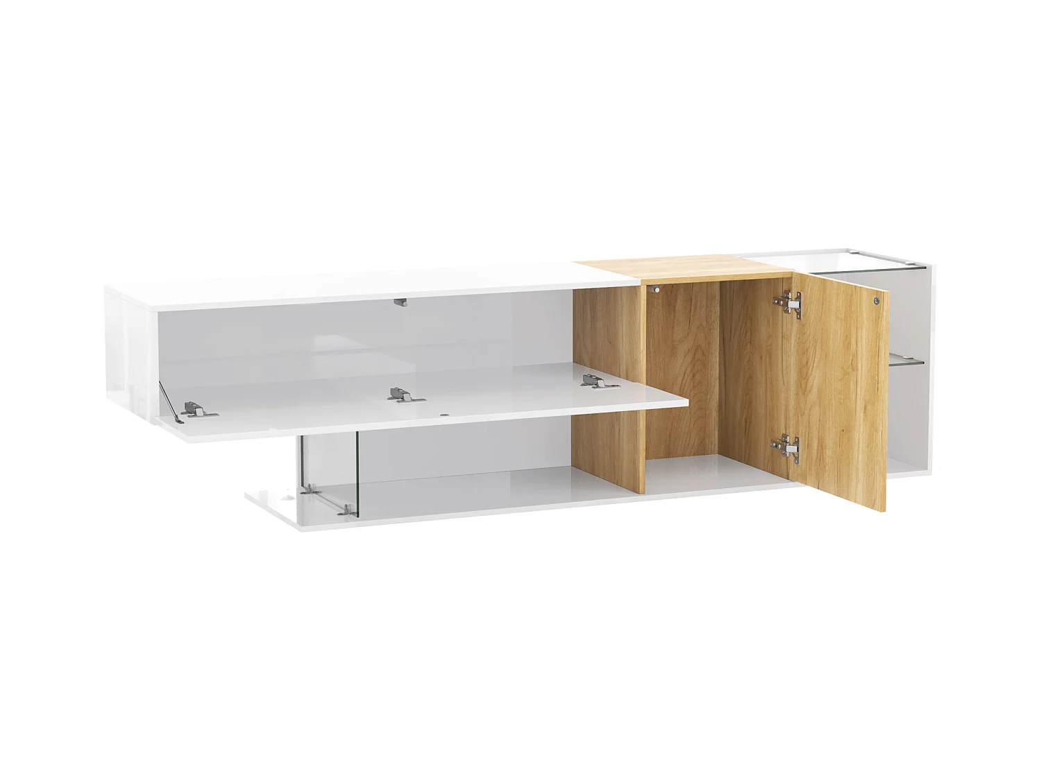 Meuble TV blanc brillant - Meuble TV avec 2 portes et 3 compartiments de rangement ouverts - etagères en verre