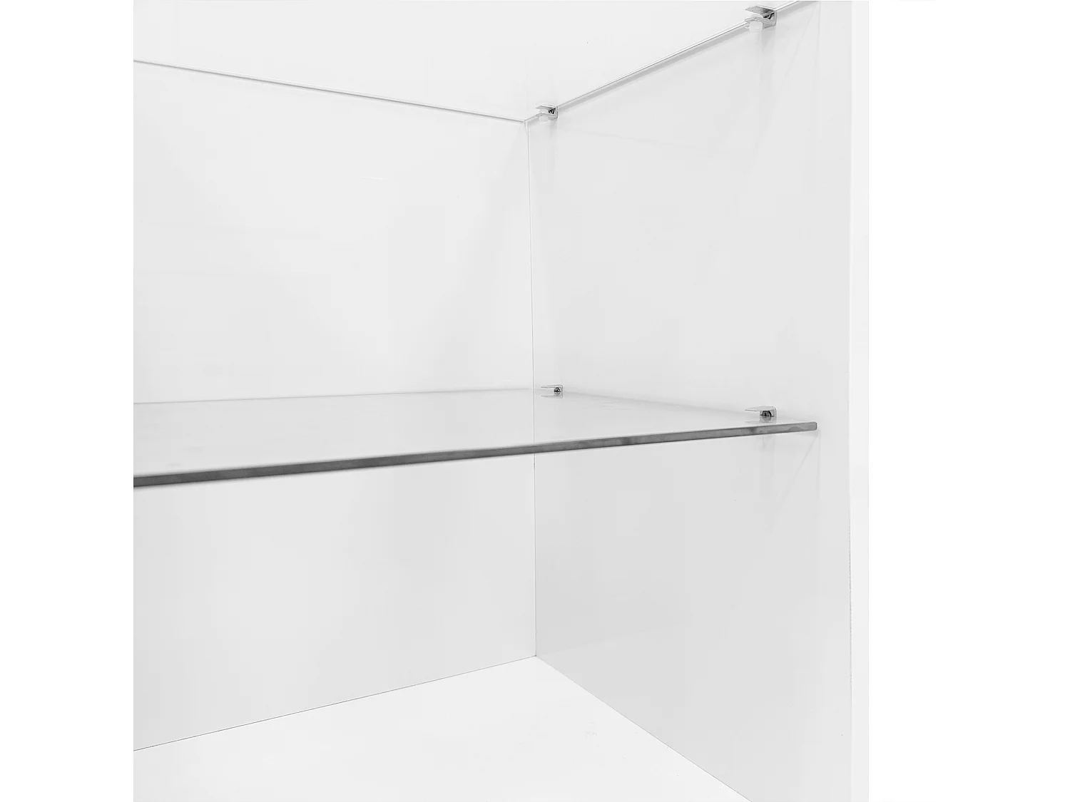 Biały połysk - szafka pod telewizor z 2 drzwiami i 3 otwartymi schowkami - szklane półki