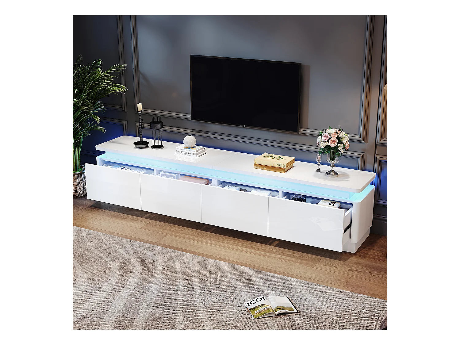 Meuble TV blanc brillant - Meuble TV avec éclairage LED et 4 tiroirs - compatible avec les téléviseurs d'environ 80 pouces