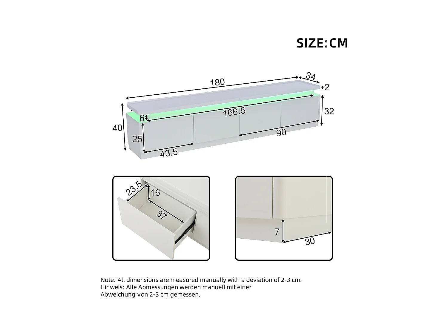 Meuble TV blanc brillant - Meuble TV avec éclairage LED et 4 tiroirs - compatible avec les téléviseurs d'environ 80 pouces