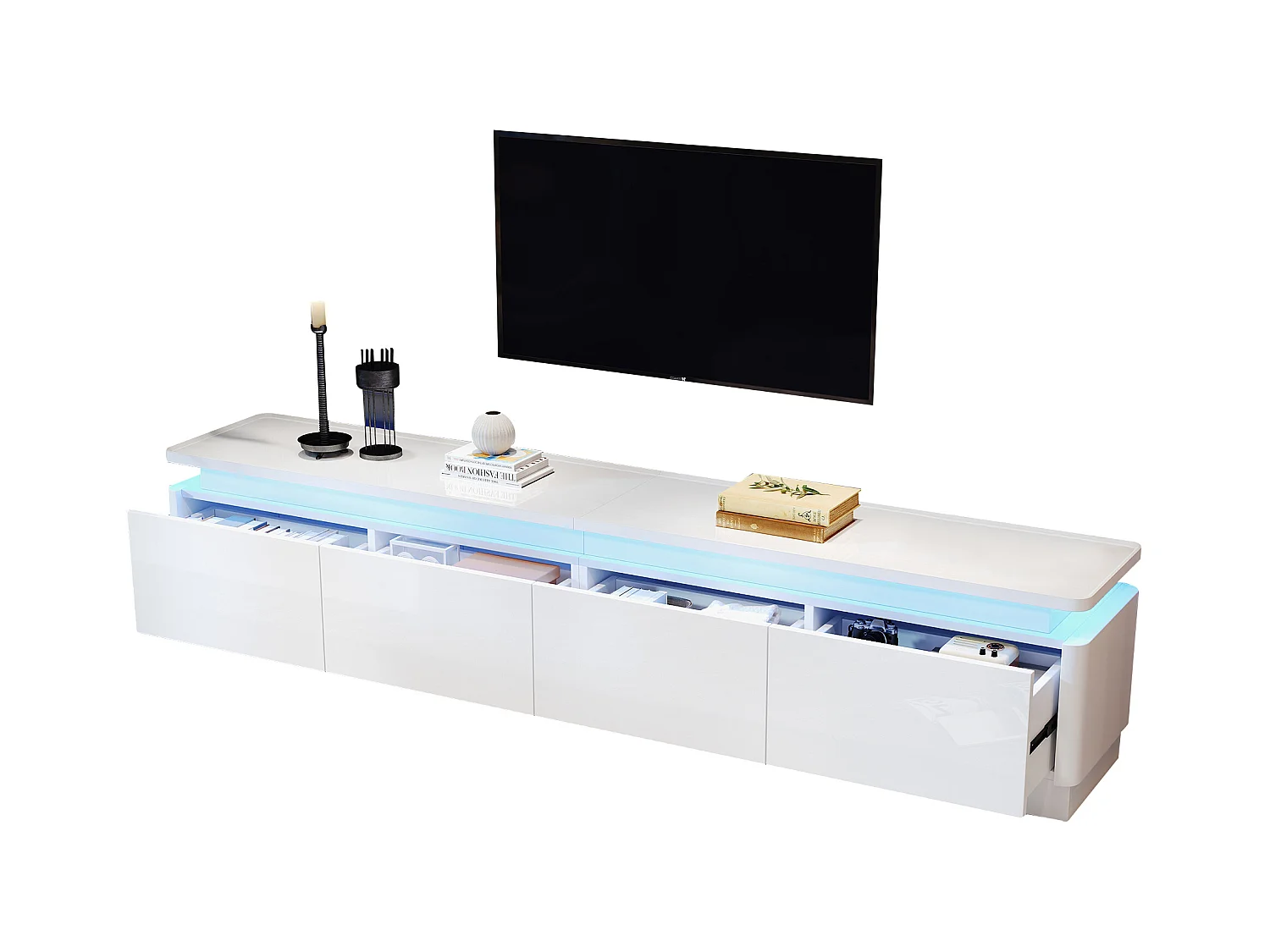 Meuble TV blanc brillant - Meuble TV avec éclairage LED et 4 tiroirs - compatible avec les téléviseurs d'environ 80 pouces