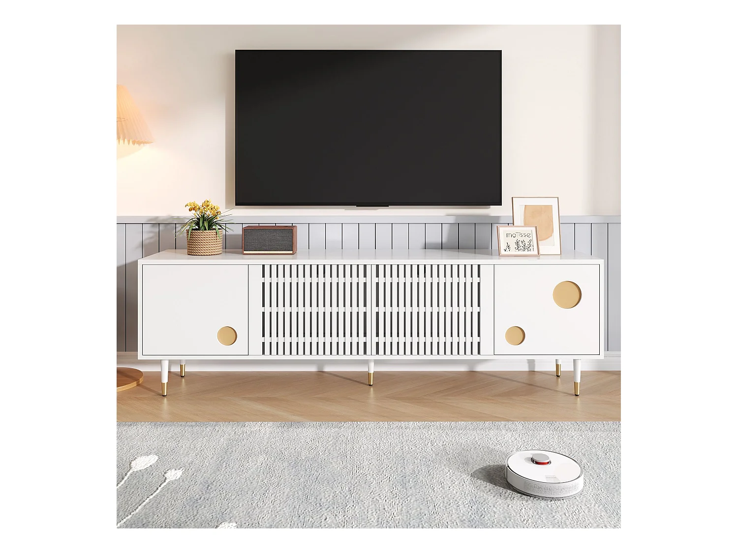 Meuble TV blanc - Meuble TV à 4 portes avec structure en treillis - touches dorées et pieds réglables