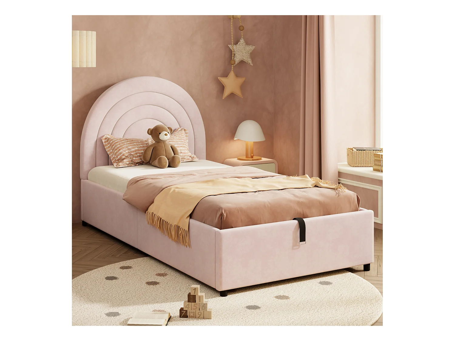 Lit coffre 90 x 200 cm - Lit enfant avec sommier à lattes et tête de lit semi-circulaire - velours rose