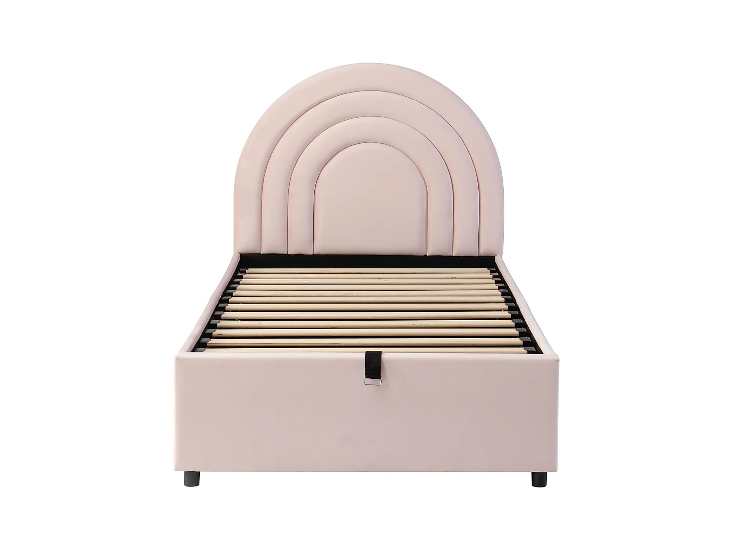 Lit coffre 90 x 200 cm - Lit enfant avec sommier à lattes et tête de lit semi-circulaire - velours rose