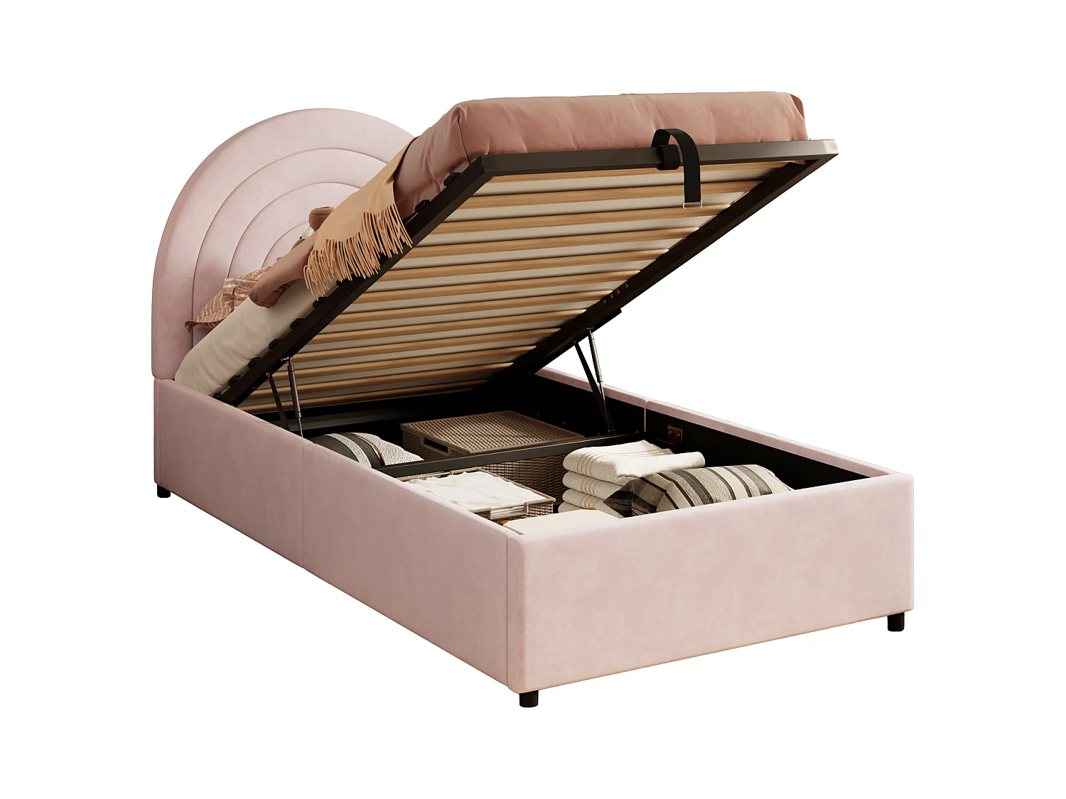 Lit coffre 90 x 200 cm - Lit enfant avec sommier à lattes et tête de lit semi-circulaire - velours rose