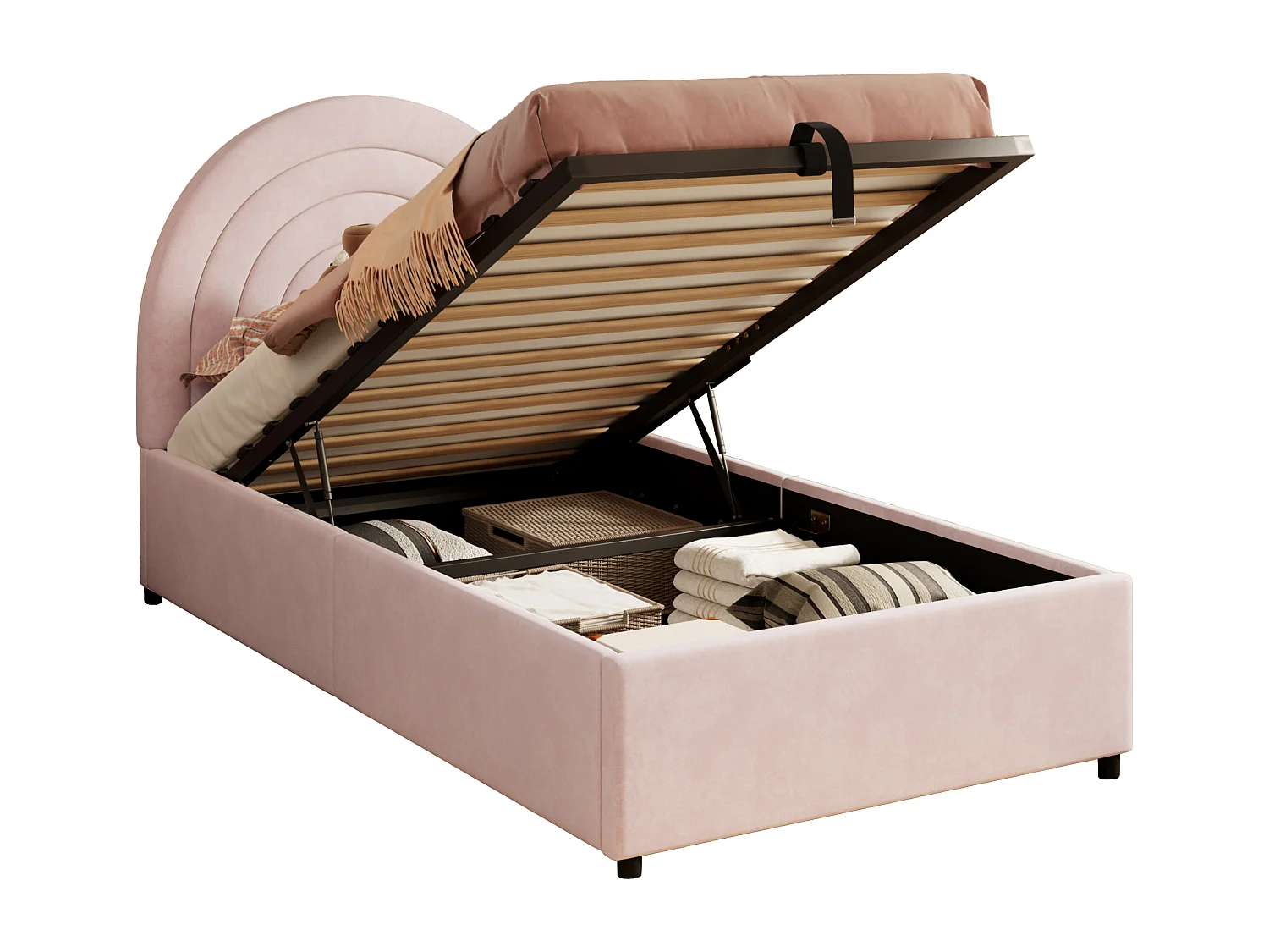 Stauraumbett 90 x 200 cm - Kinderbett mit Lattenrost und halbrundem Kopfteil - rosa Samt