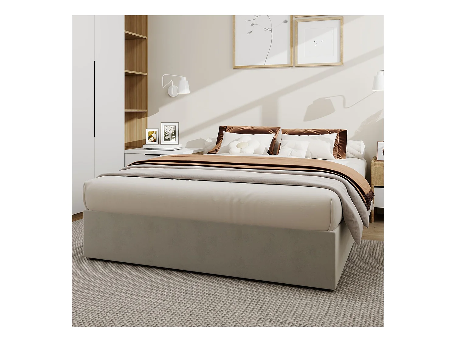 Opbergbed 140 x 200 cm - Volwassen bed zonder hoofdbord - beige fluweel - matras niet inbegrepen