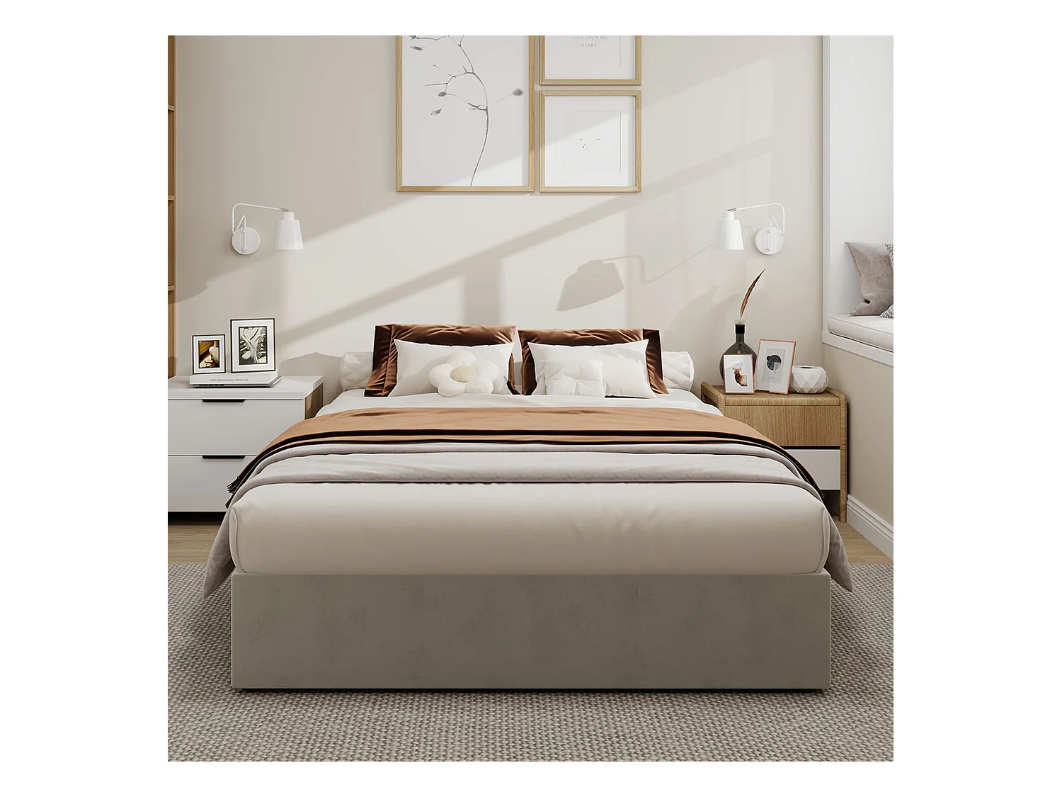 Opbergbed 140 x 200 cm - Volwassen bed zonder hoofdbord - beige fluweel - matras niet inbegrepen