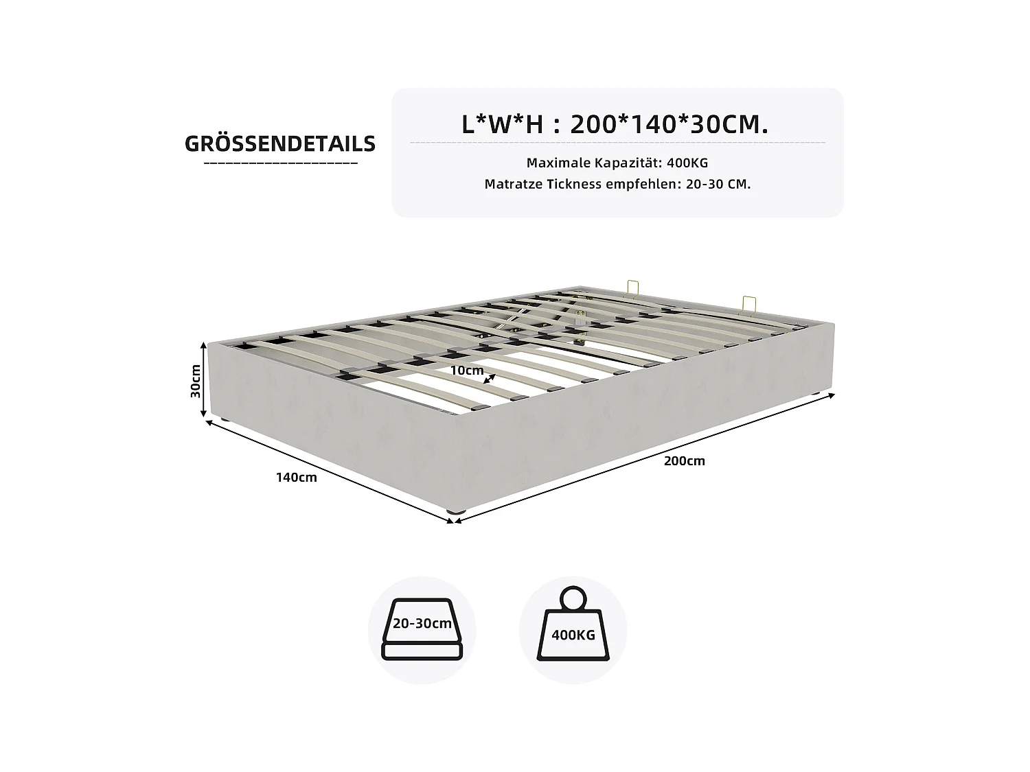 Opbergbed 140 x 200 cm - Volwassen bed zonder hoofdbord - beige fluweel - matras niet inbegrepen