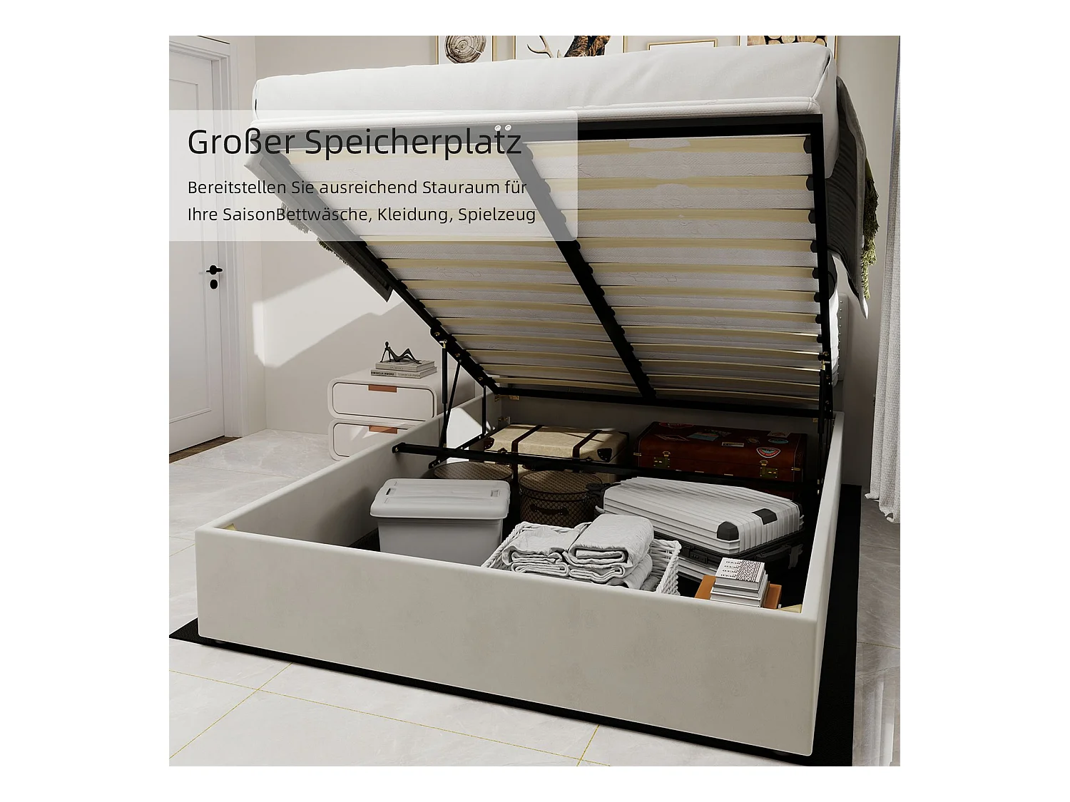 Opbergbed 140 x 200 cm - Volwassen bed zonder hoofdbord - beige fluweel - matras niet inbegrepen