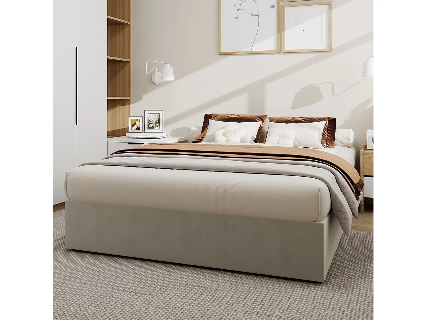 Lit coffre 140 x 200 cm - Lit adulte sans tête de lit - velours beige - matelas non inclus