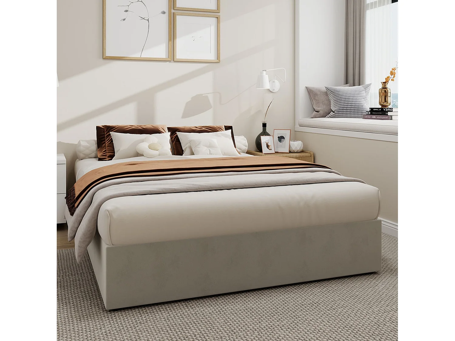 Lit coffre 140 x 200 cm - Lit adulte sans tête de lit - velours beige - matelas non inclus