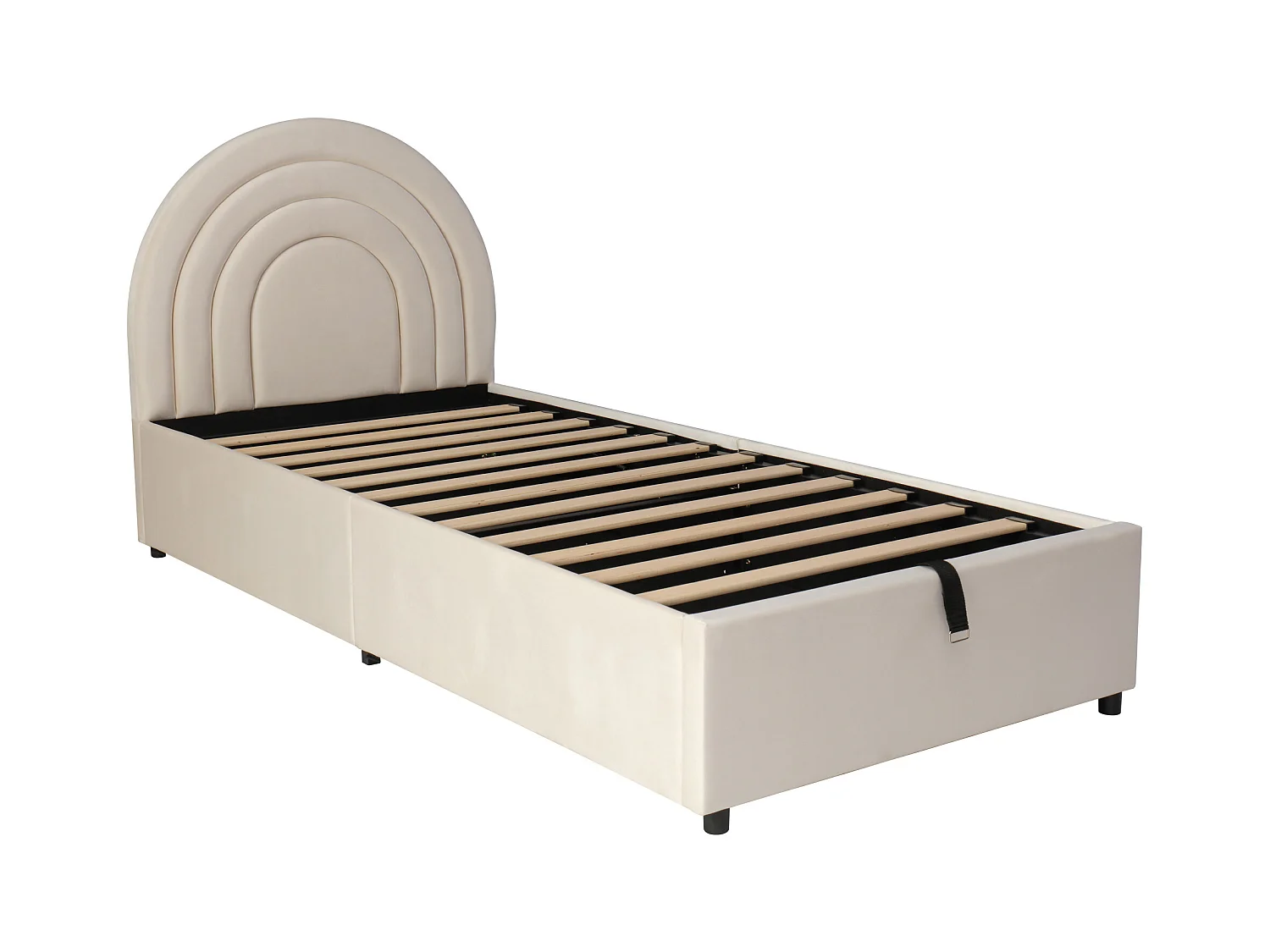 Lit coffre 90 x 200 cm - Lit enfant avec sommier à lattes et tête de lit semi-circulaire - velours beige