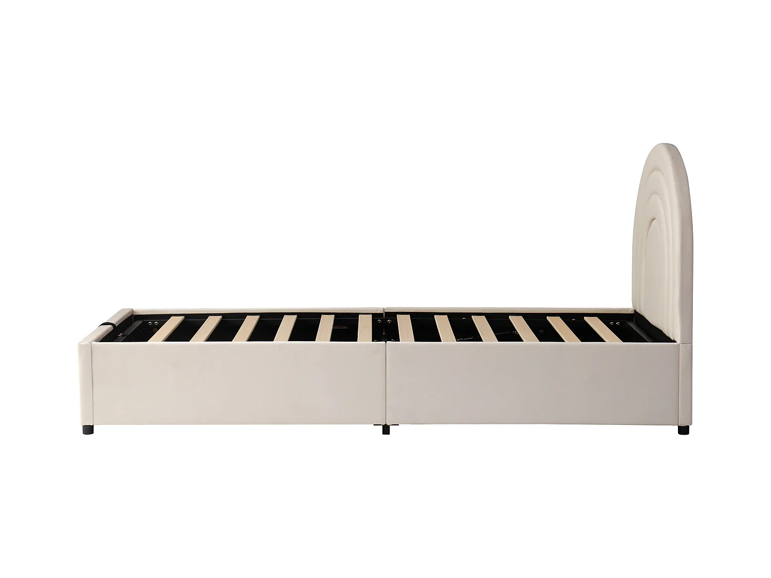 Lit coffre 90 x 200 cm - Lit enfant avec sommier à lattes et tête de lit semi-circulaire - velours beige