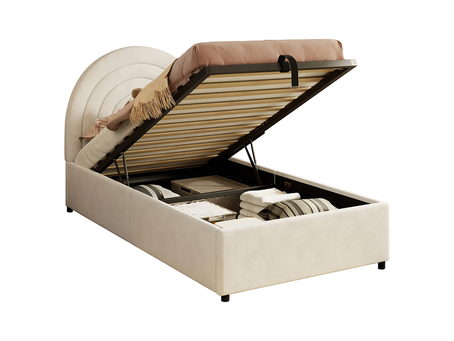 Lit coffre 90 x 200 cm - Lit enfant avec sommier à lattes et tête de lit semi-circulaire - velours beige