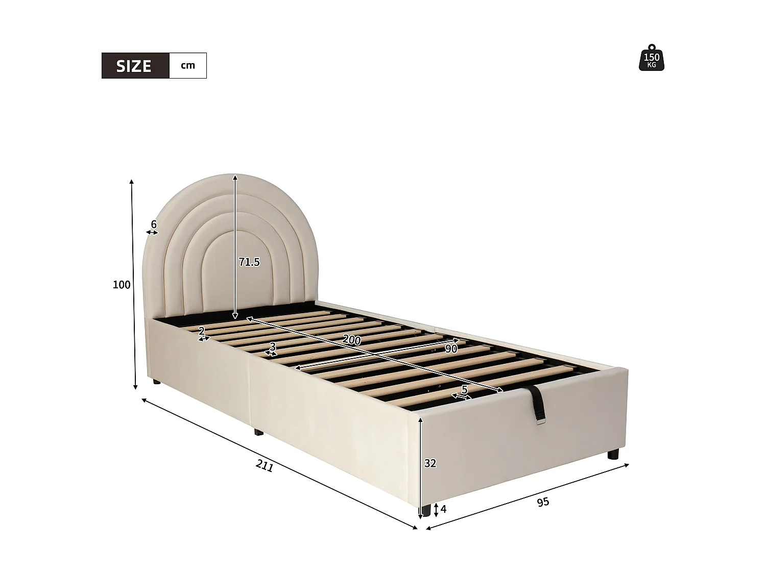 Stauraumbett 90 x 200 cm - Kinderbett mit Lattenrost und halbrundem Kopfteil - Samt in Beige
