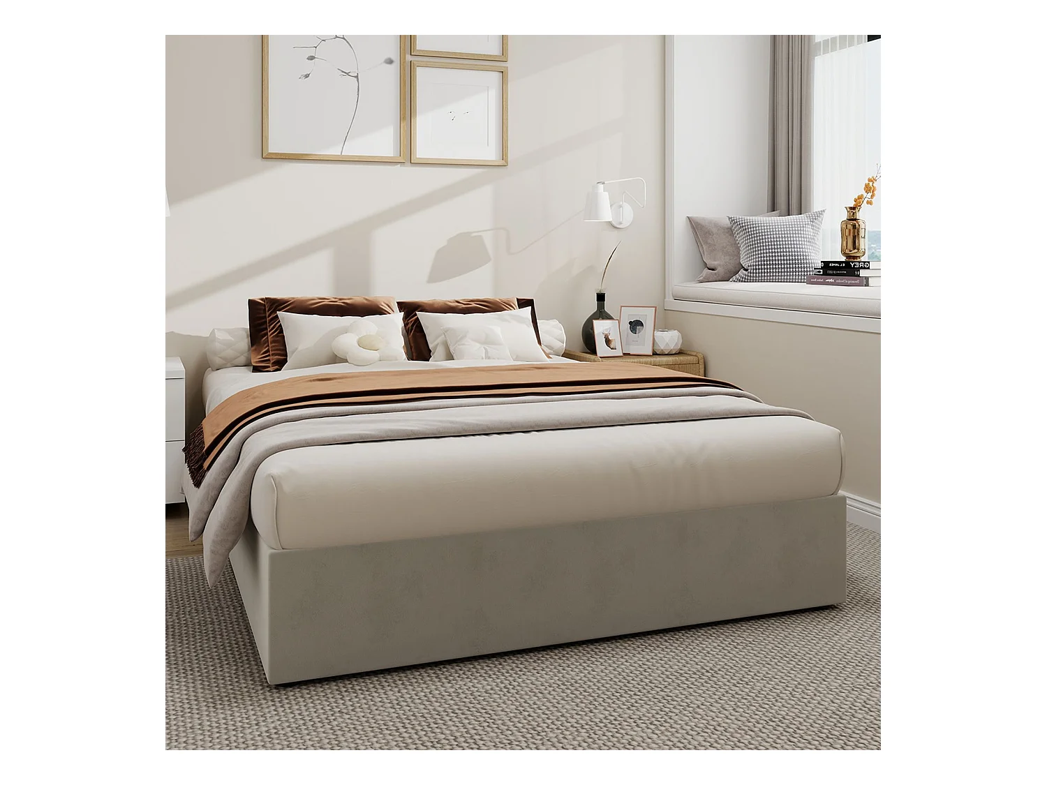 Letto contenitore 160 x 200 cm - Letto per adulti senza testiera - velluto beige - materasso non incluso