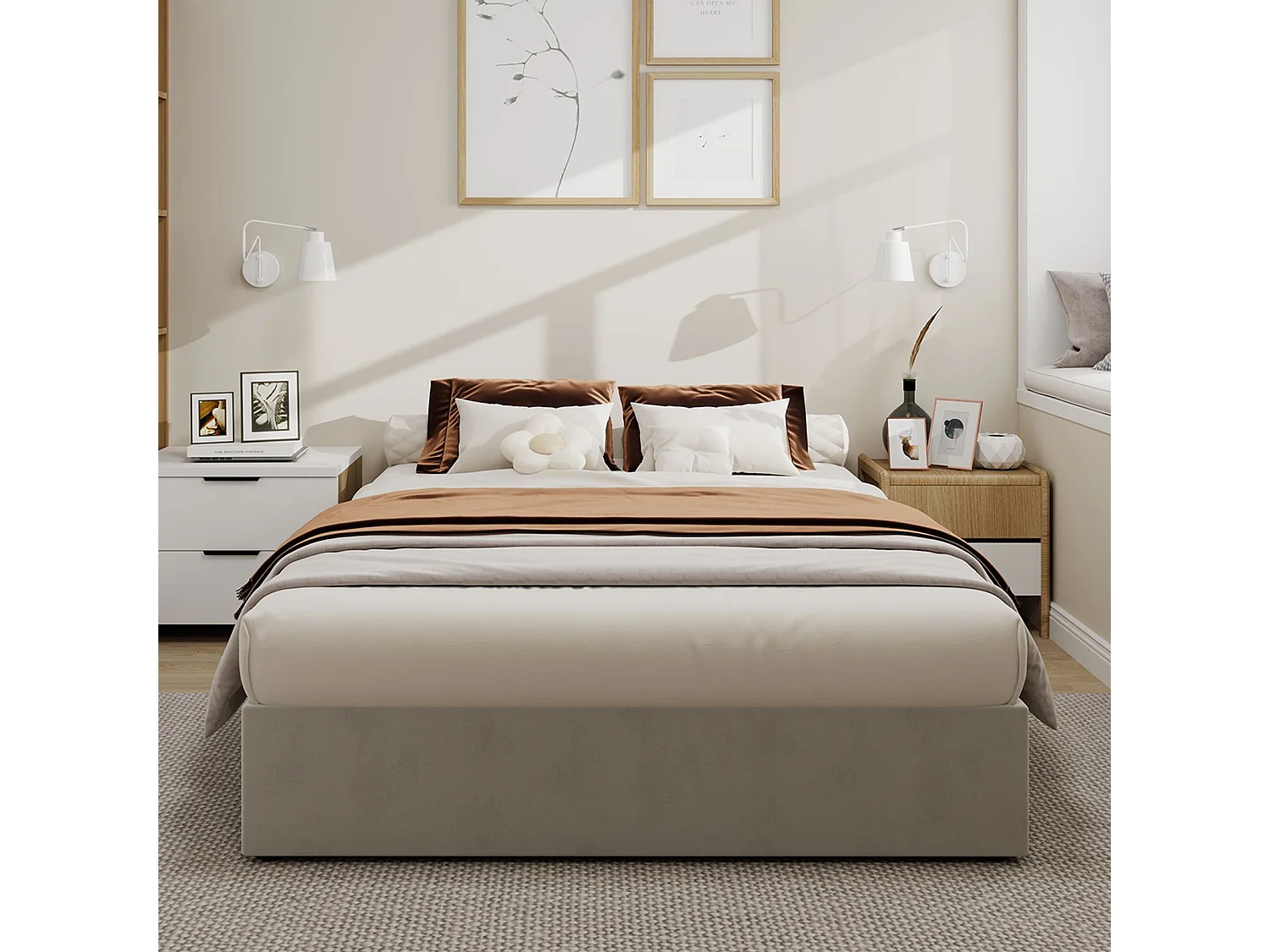 Lit coffre 160 x 200 cm - Lit adulte sans tête de lit - velours beige - matelas non inclus