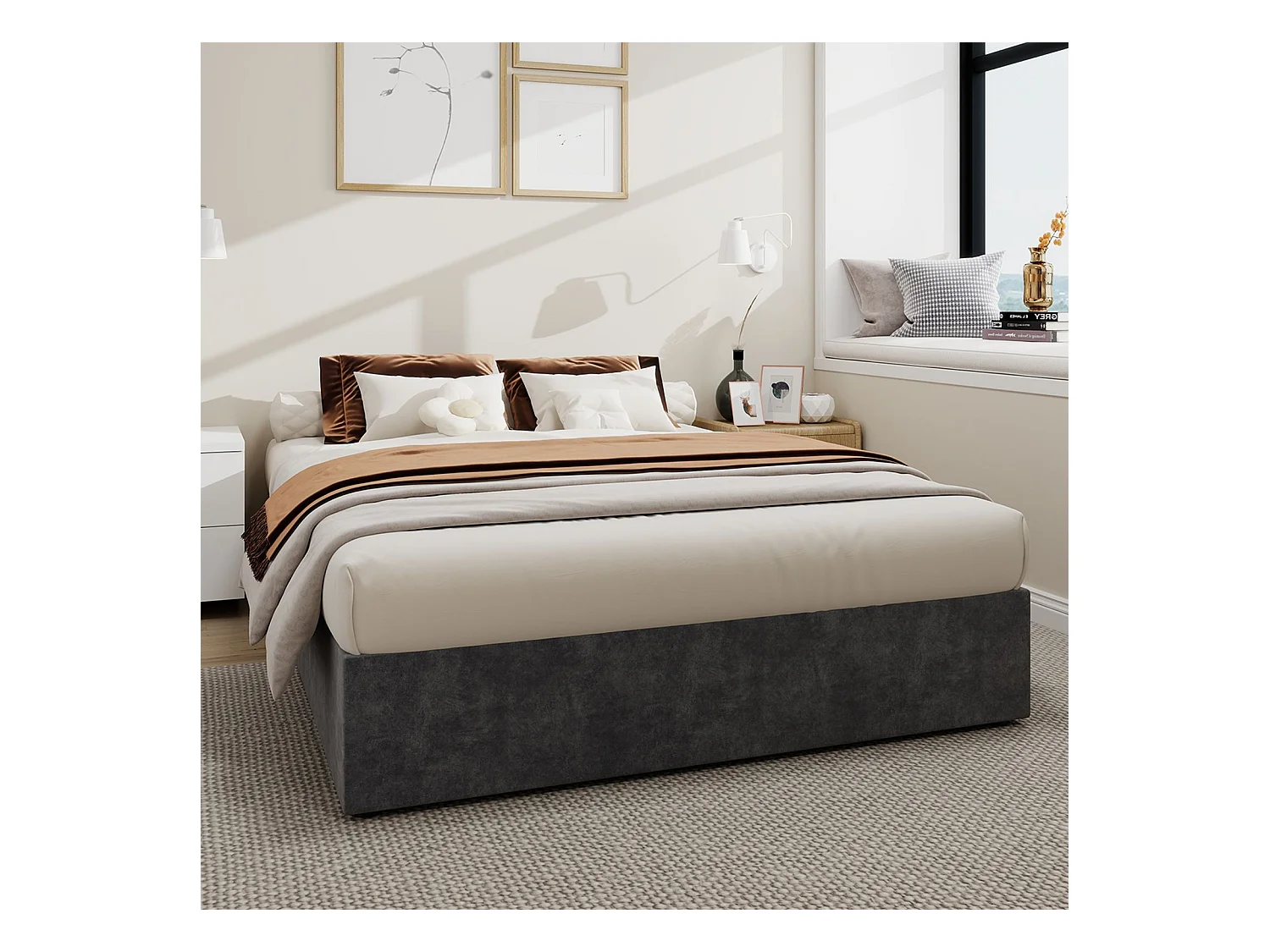 Letto contenitore 140 x 200 cm - Letto per adulti senza testiera - velluto grigio - materasso non incluso