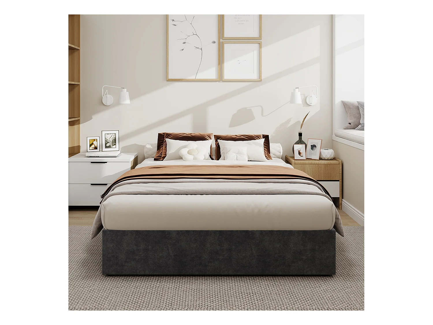 Letto contenitore 140 x 200 cm - Letto per adulti senza testiera - velluto grigio - materasso non incluso