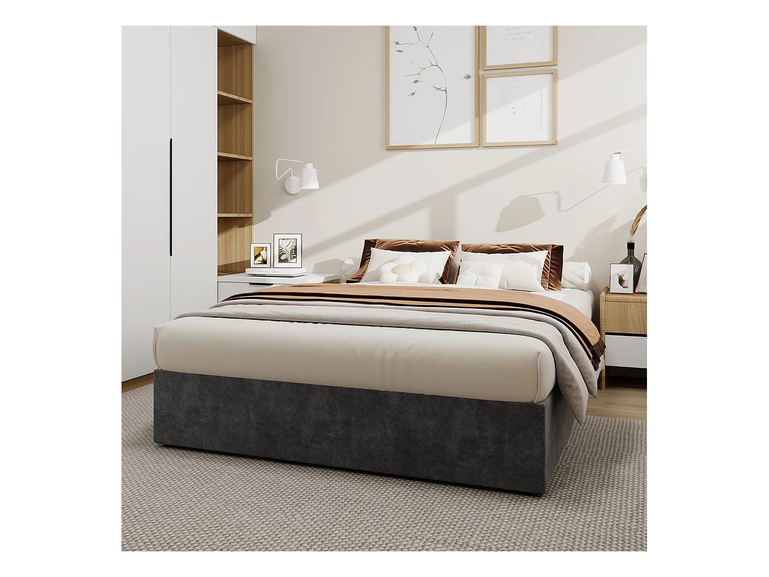 Letto contenitore 140 x 200 cm - Letto per adulti senza testiera - velluto grigio - materasso non incluso