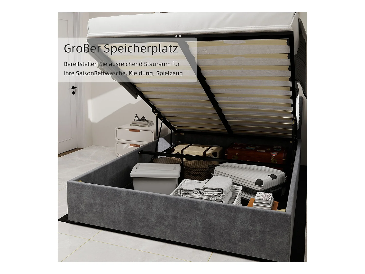 Letto contenitore 140 x 200 cm - Letto per adulti senza testiera - velluto grigio - materasso non incluso