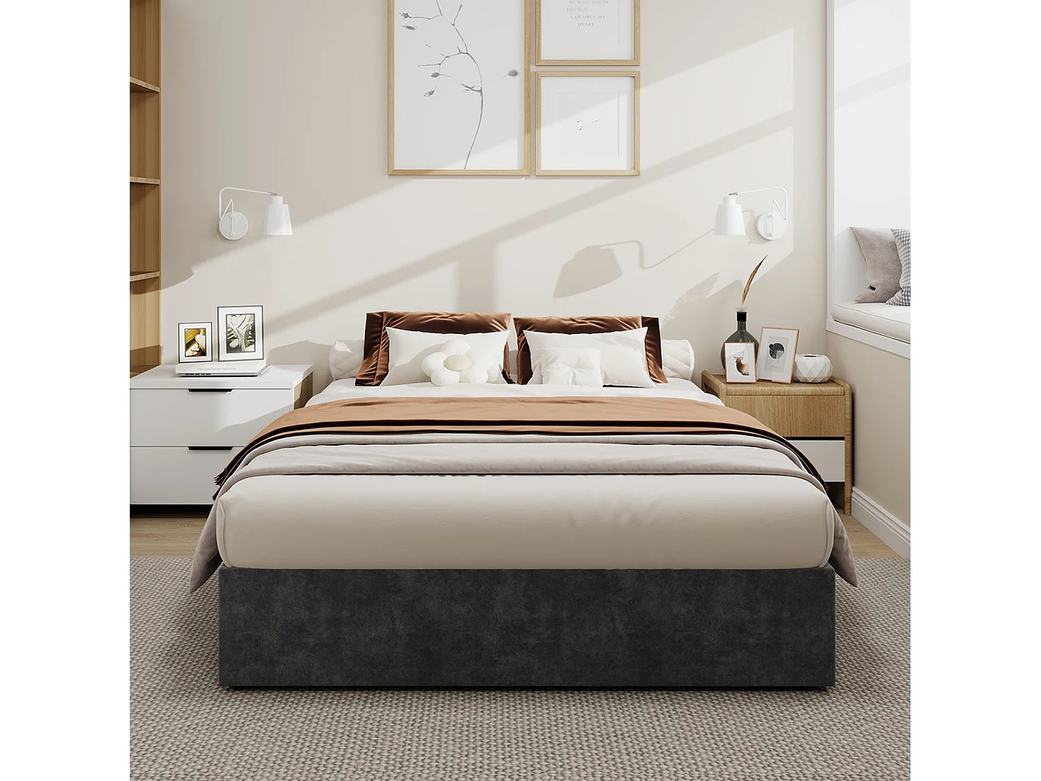 Lit coffre 140 x 200 cm - Lit adulte sans tête de lit - velours gris - matelas non inclus