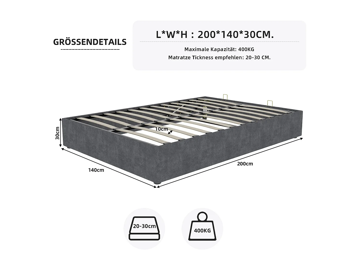 Lit coffre 140 x 200 cm - Lit adulte sans tête de lit - velours gris - matelas non inclus