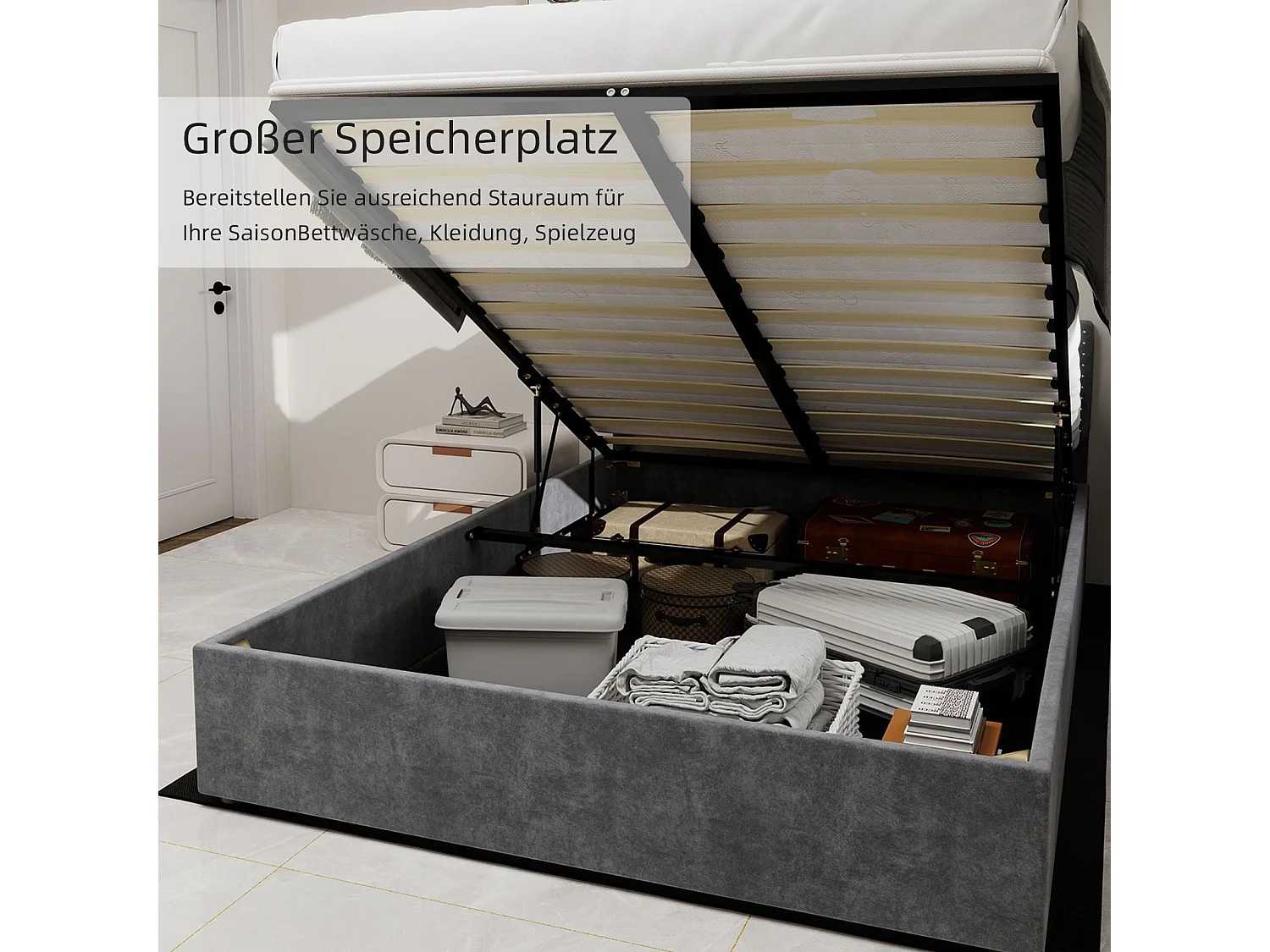 Lit coffre 140 x 200 cm - Lit adulte sans tête de lit - velours gris - matelas non inclus