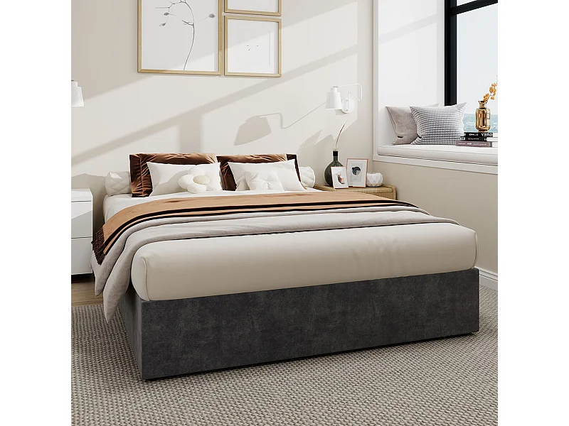 Cama com arrumação 140 x 200 cm - Cama de adulto sem cabeceira - veludo cinzento - colchão não incluído