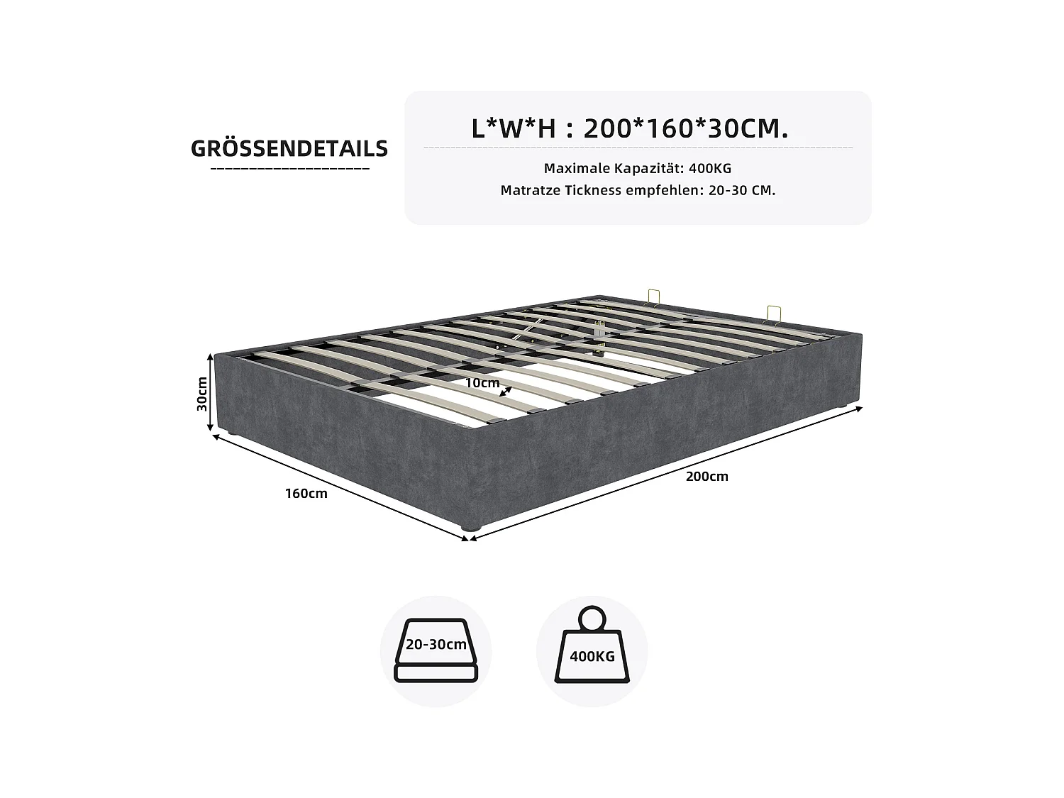 Letto contenitore 160 x 200 cm - Letto per adulti senza testiera - velluto grigio - materasso non incluso