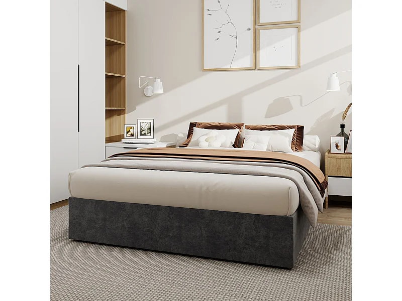 Cama com arrumação 160 x 200 cm - Cama de adulto sem cabeceira - veludo cinzento - colchão não incluído
