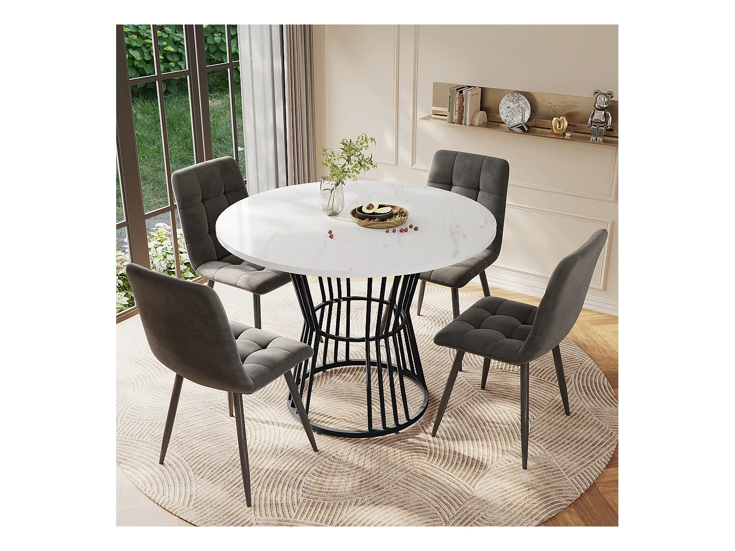 Table à manger blanc - Table à manger avec plateau en MDF et pieds en métal noir - décoration à motifs