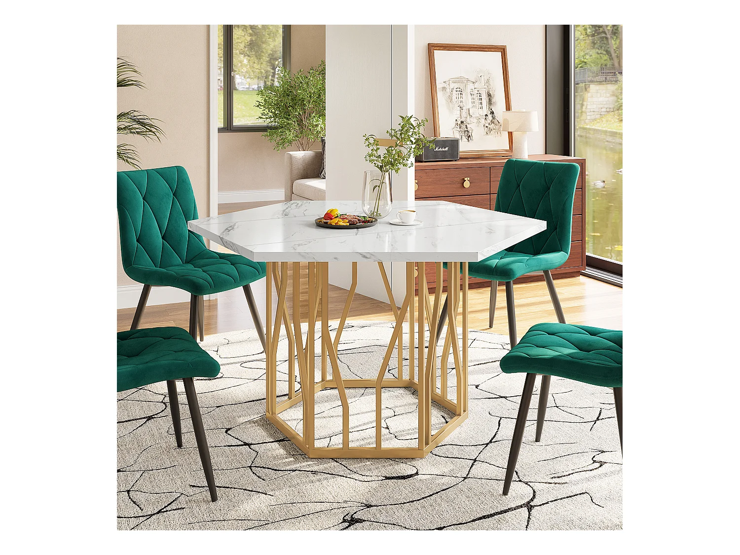 Table à manger blanc - Table à manger avec plateau hexagonal et structure en métal doré -  pour la salle à manger et le salon