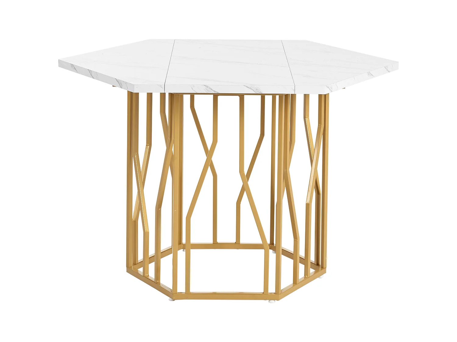 Table à manger blanc - Table à manger avec plateau hexagonal et structure en métal doré -  pour la salle à manger et le salon