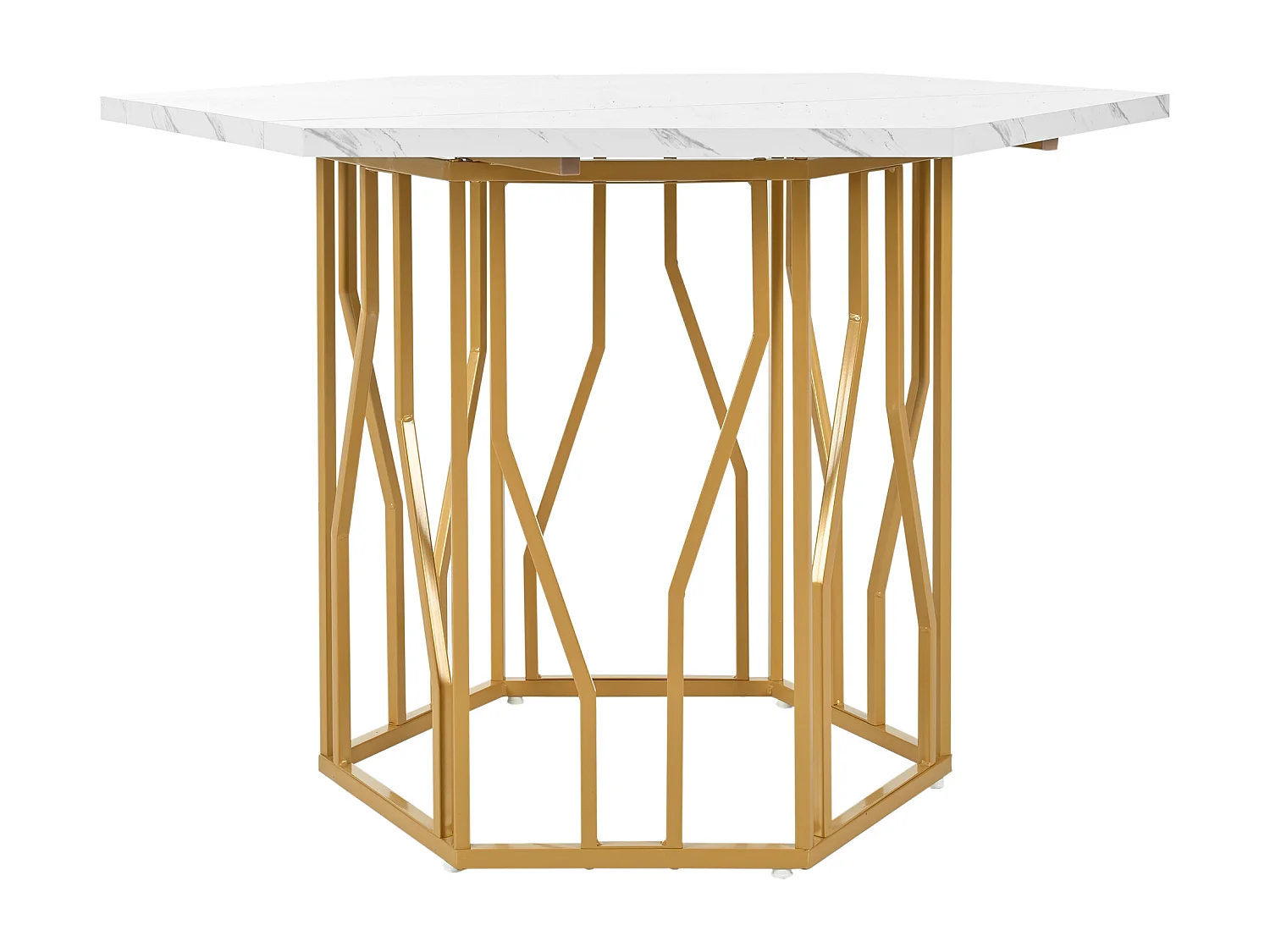 Table à manger blanc - Table à manger avec plateau hexagonal et structure en métal doré -  pour la salle à manger et le salon