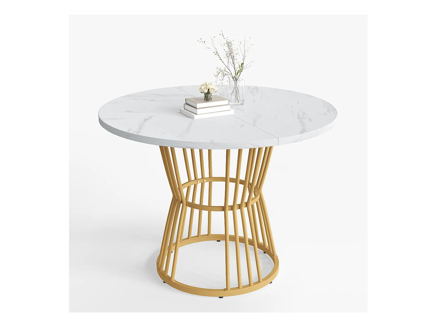 Table à manger blanc - Table à manger avec plateau en MDF et pieds en métal doré - décoration à motifs
