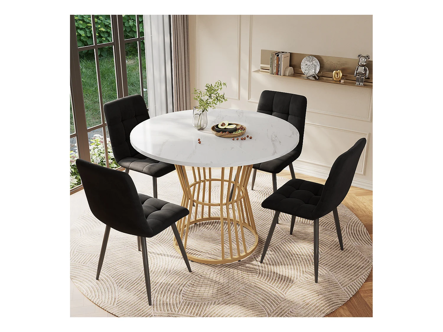 Table à manger blanc - Table à manger avec plateau en MDF et pieds en métal doré - décoration à motifs